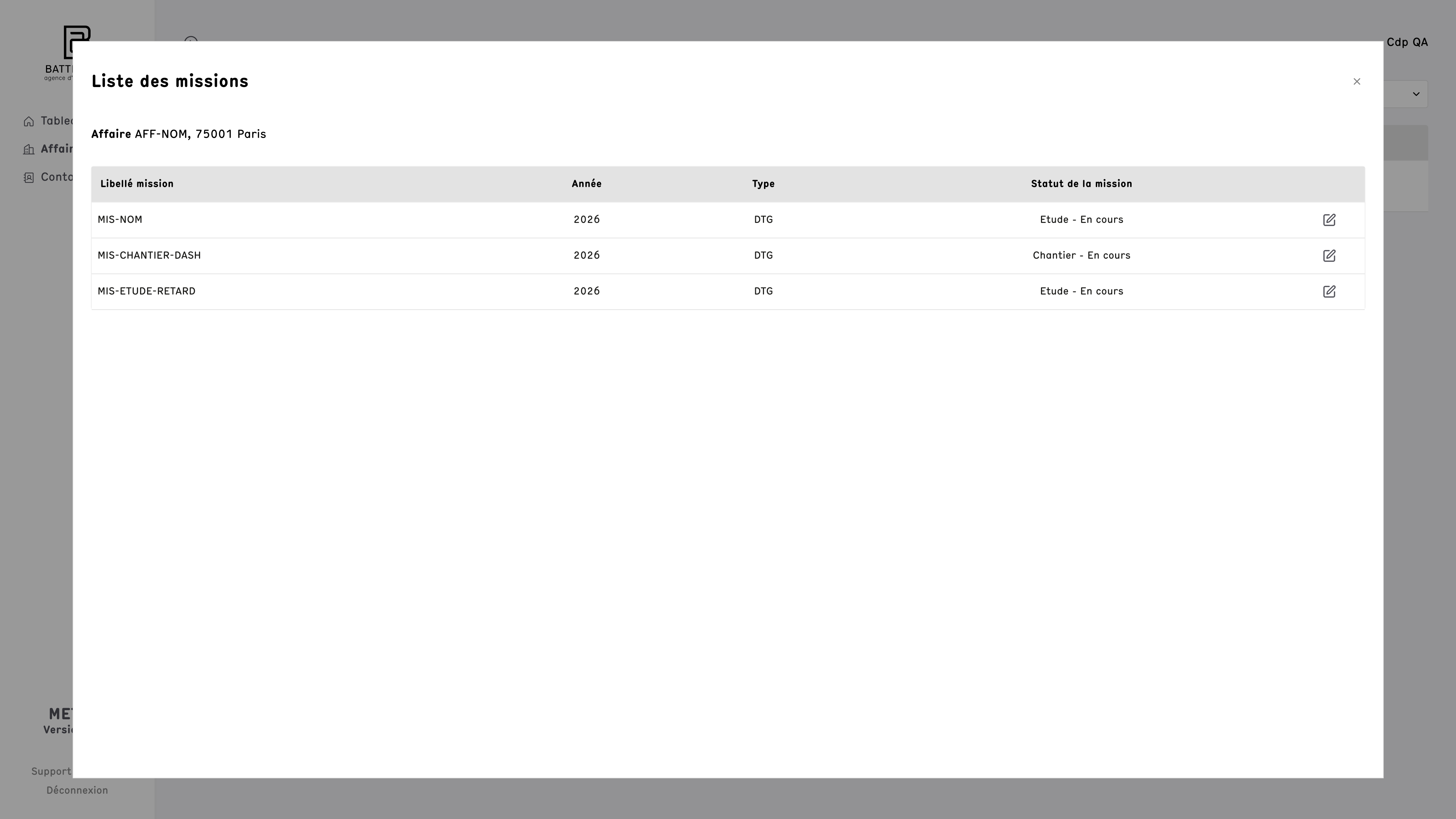 Liste des missions