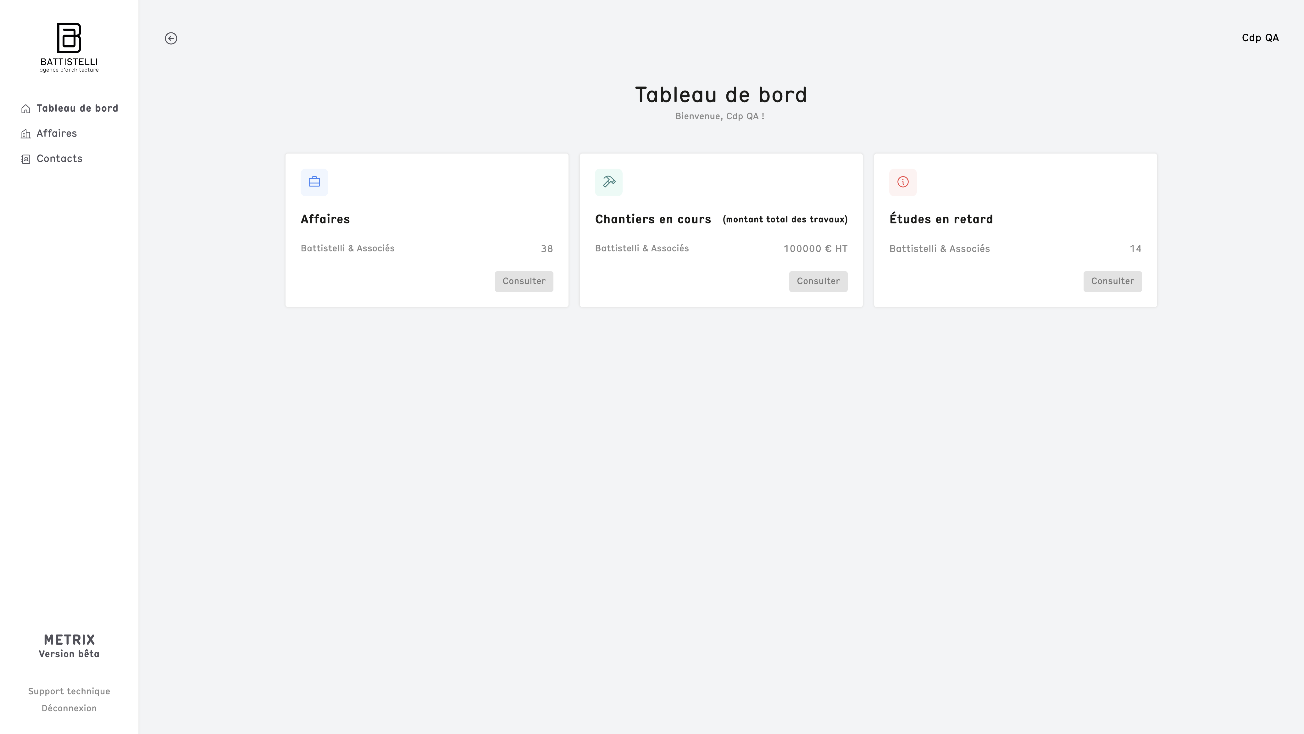 Tableau de bord Metrix
